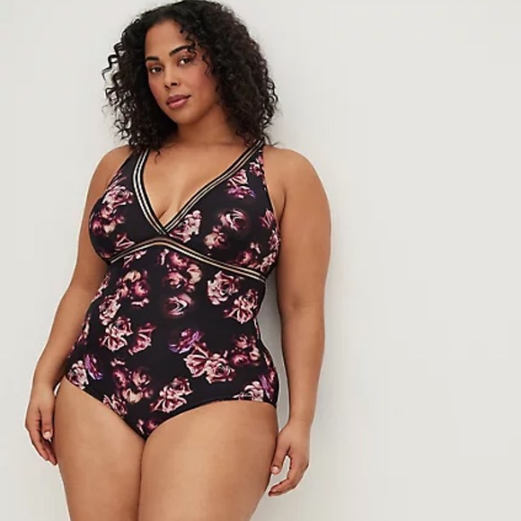Torrid Mesh Rose Print One Piece Triangle Swimsuit